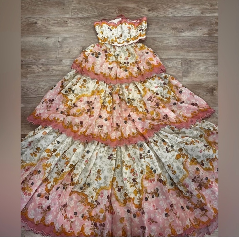 RARE  Zimmermann Laurel Lace Up Floral Pink Frill Maxi  Dress Size AU3/L - Picture 4 of 12